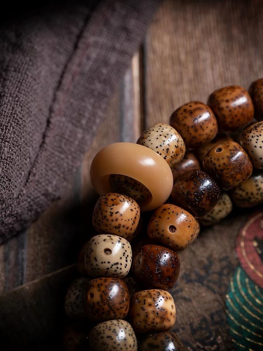 Aged Star & Moon Bodhi Seed Mala 108 Beads | Handmade Buddhist Prayer Beads | Meditation Necklace Wrap Bracelet