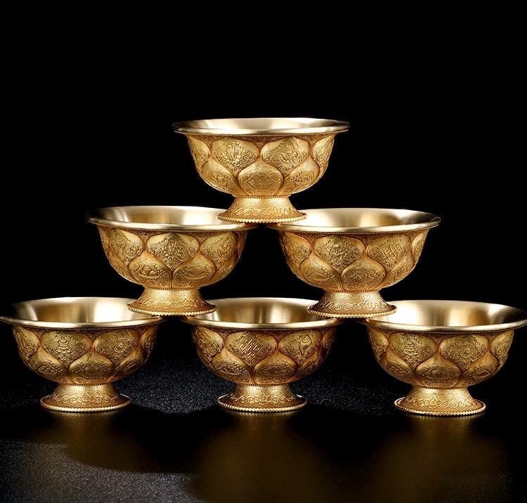 Tibetan Brass Water Offering Bowls 3.15" 3.94", Buddhist Lotus Ritual Cup, Eight Auspicious Symbols Holy Water Cup, Alter Meditation Gift