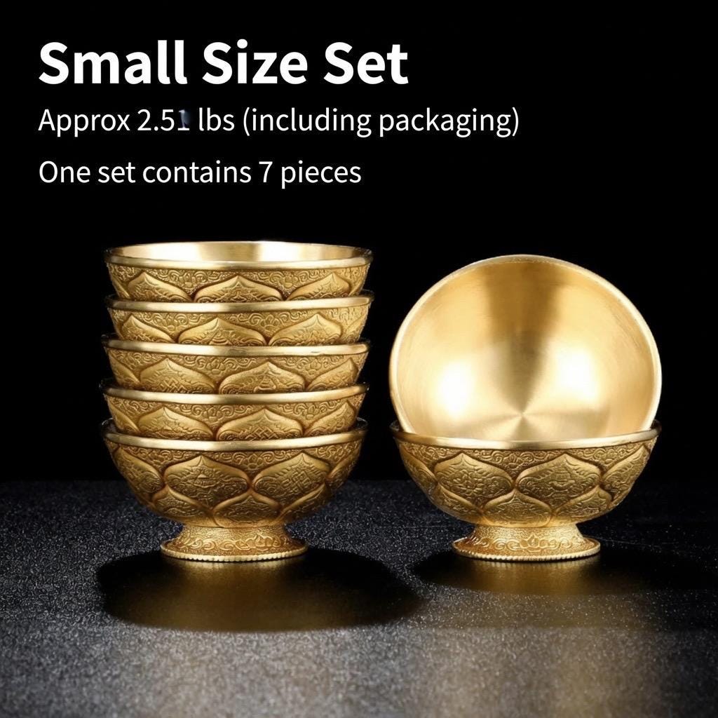 Tibetan Brass Water Offering Bowls 3.15" 3.94", Buddhist Lotus Ritual Cup, Eight Auspicious Symbols Holy Water Cup, Alter Meditation Gift