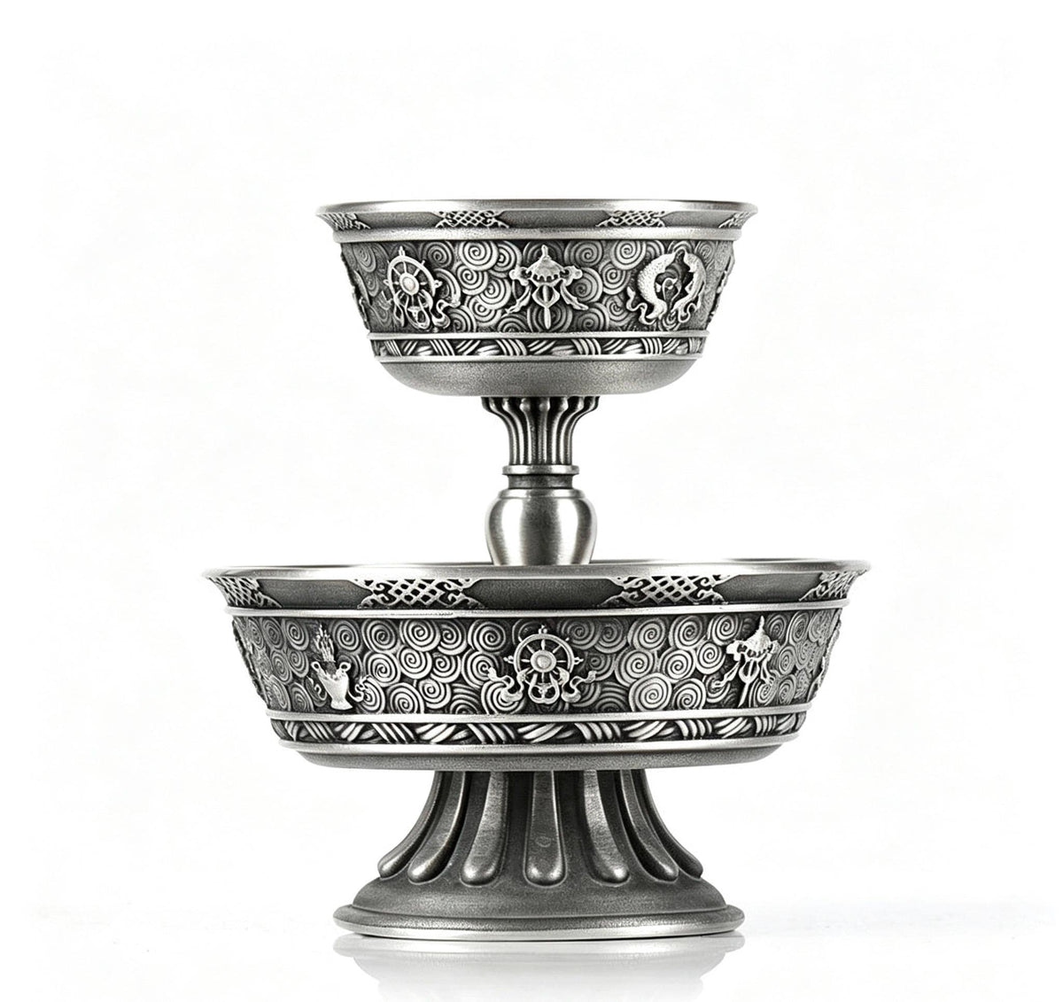 Tibetan Pewter Offering Bowl with 8 Auspicious Symbols, Buddhist Altar Ritual Cup, Footed Holy Water Chalice, Spiritual Meditation Decor