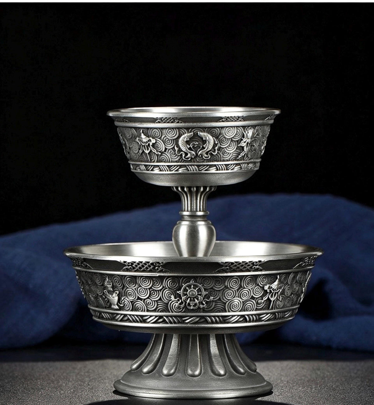 Tibetan Pewter Offering Bowl with 8 Auspicious Symbols, Buddhist Altar Ritual Cup, Footed Holy Water Chalice, Spiritual Meditation Decor