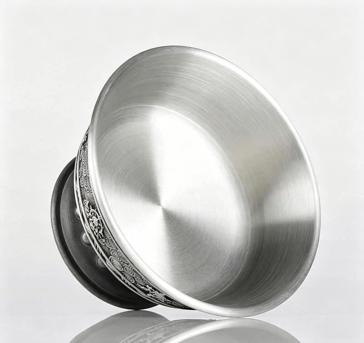 Tibetan Pewter Offering Bowl with 8 Auspicious Symbols, Buddhist Altar Ritual Cup, Footed Holy Water Chalice, Spiritual Meditation Decor
