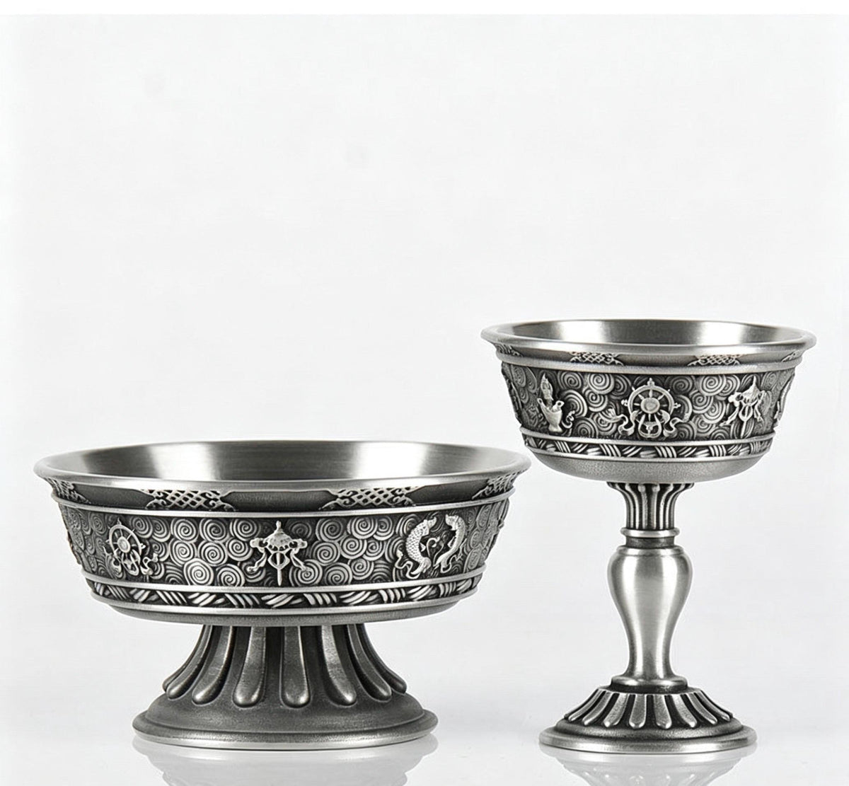 Tibetan Pewter Offering Bowl with 8 Auspicious Symbols, Buddhist Altar Ritual Cup, Footed Holy Water Chalice, Spiritual Meditation Decor