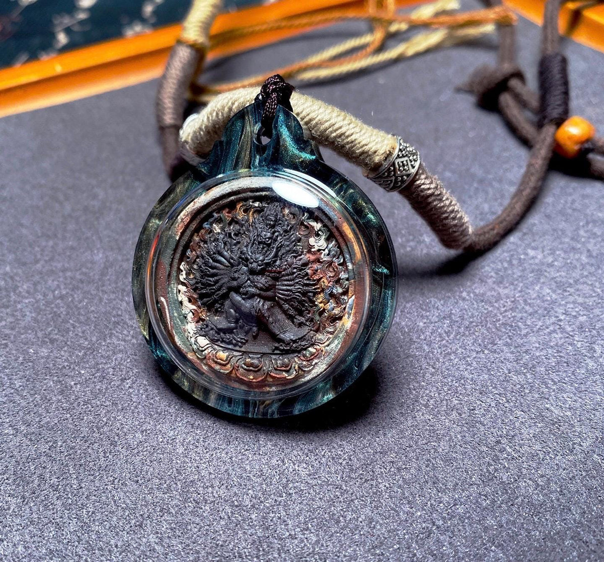 Tibetan Yamantaka Tsatsa Pendant, Multi Color Clay Amulet, Vajrayana Buddhism Gau Box Necklace, Buddhist Art Thangka Medallion Jewelry