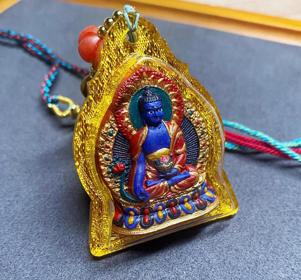 Hand-Painted Medicine Buddha Tsatsa Pendant, Mineral Pigment Tibetan Amulet, Spiritual Healing Talisman Necklace, Miniature Thangka Art Gift