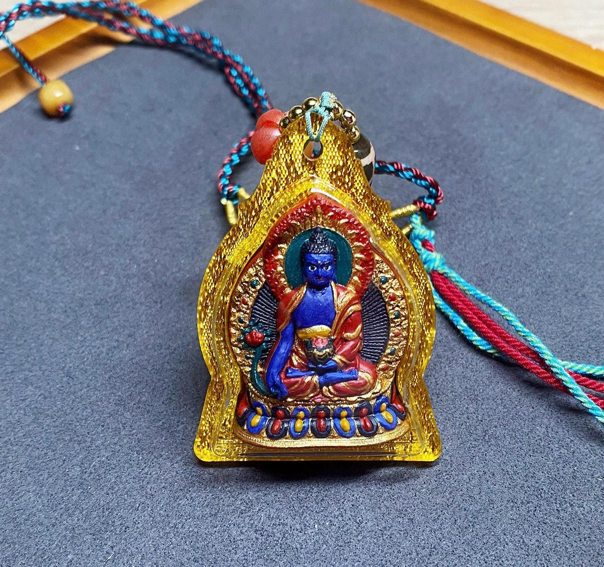 Hand-Painted Medicine Buddha Tsatsa Pendant, Mineral Pigment Tibetan Amulet, Spiritual Healing Talisman Necklace, Miniature Thangka Art Gift