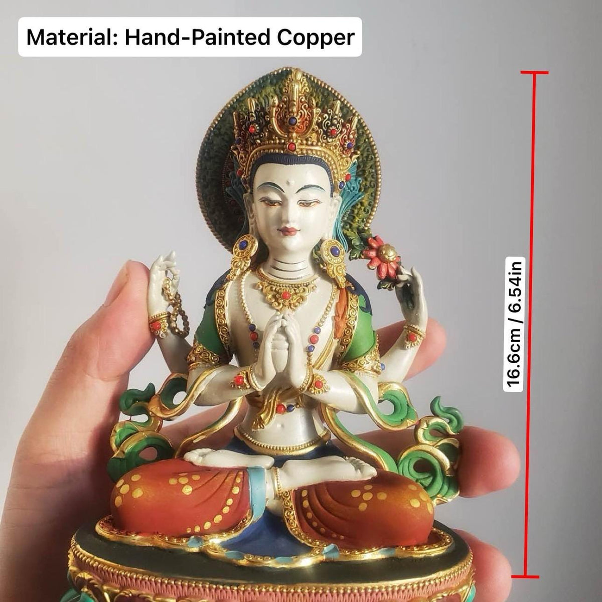 Gilded Copper Four Armed Avalokiteshvara Statue, Nepalese Buddha Figurine, Painted Chenrezig Bodhisattva Deity Altarpiece Home Decor Gift