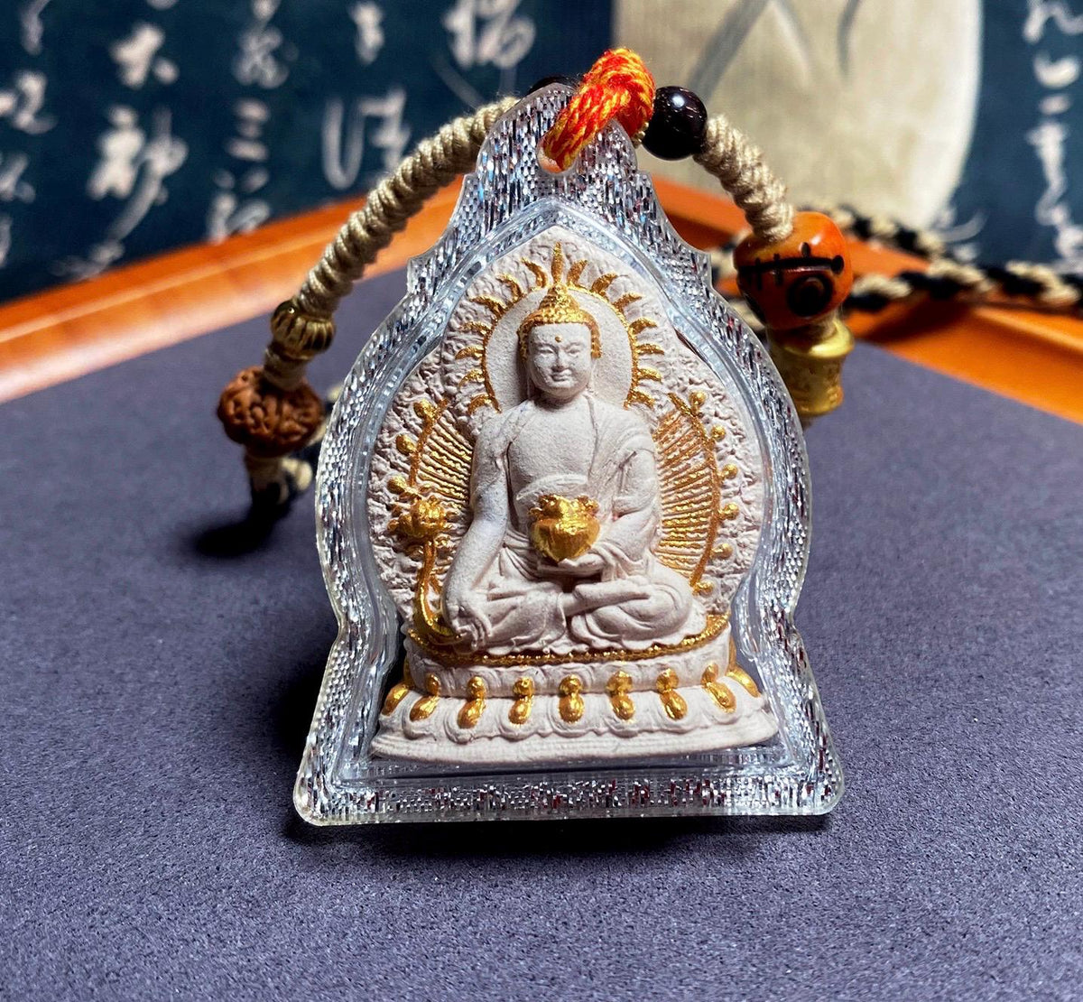 Hand Painted Medicine Buddha Pendant, Tibetan Tsa Tsa Sacred Incense Ash Necklace, Miniature Thangka Buddhist Amulet Protection Jewelry