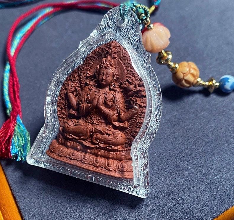 Four-Armed Chenrezig Tsa Tsa Amulet Pendant, Tibetan Gau Box Necklace, Avalokiteshvara Buddha Thangka Pendant, Buddhist Protection Jewelry