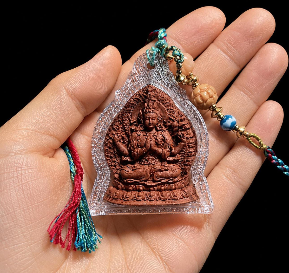 Four-Armed Chenrezig Tsa Tsa Amulet Pendant, Tibetan Gau Box Necklace, Avalokiteshvara Buddha Thangka Pendant, Buddhist Protection Jewelry