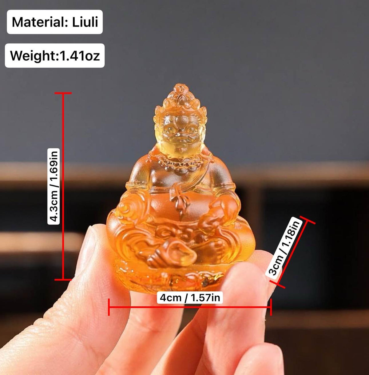 Mini Yellow Dzambhala Statue, 2" Liuli Glass Buddha, Feng Shui Car Dashboard Decor, God of Wealth Office Desk Ornament, Buddhist Gift