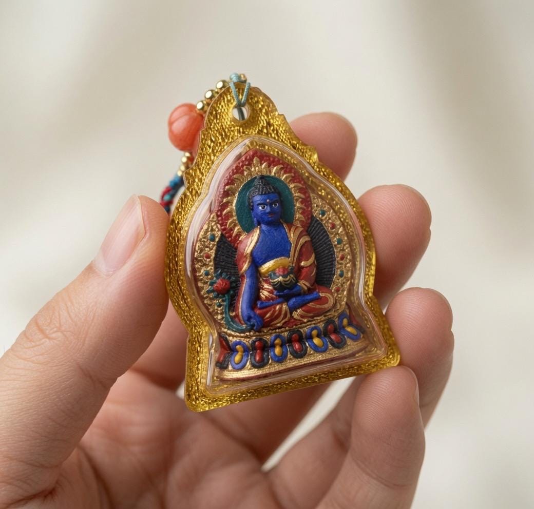Handpainted Medicine Buddha Thangka Pendant, Mineral Pigment Tibetan Tsa Tsa Necklace, Buddhist Amulet Talisman Meditation Gift