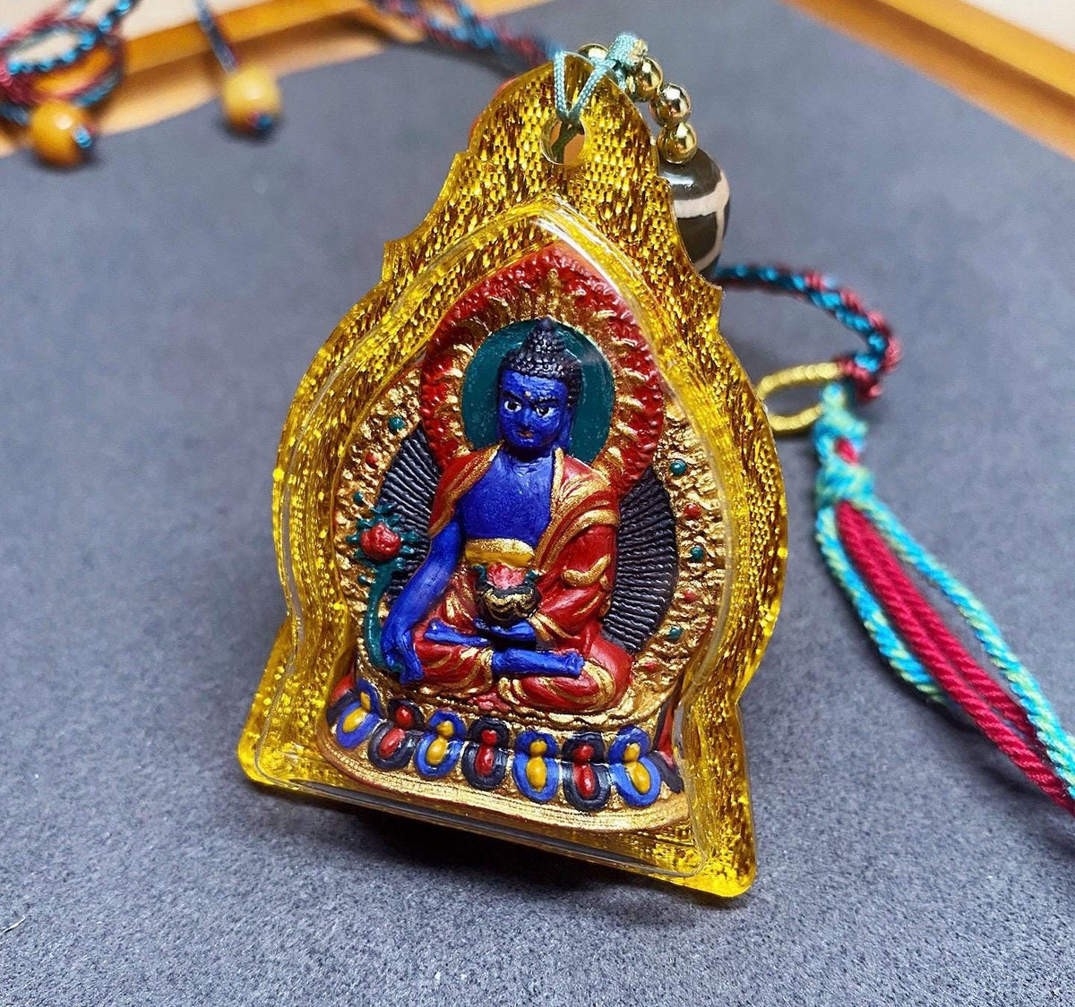 Handpainted Medicine Buddha Thangka Pendant, Mineral Pigment Tibetan Tsa Tsa Necklace, Buddhist Amulet Talisman Meditation Gift