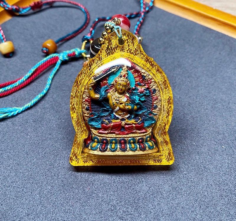 Hand Painted Manjushri Thangka Amulet, Mineral Pigment Tibetan Tsa-Tsa Pendant, Sacred Buddhist Jewelry, Zodiac Protector Talisman