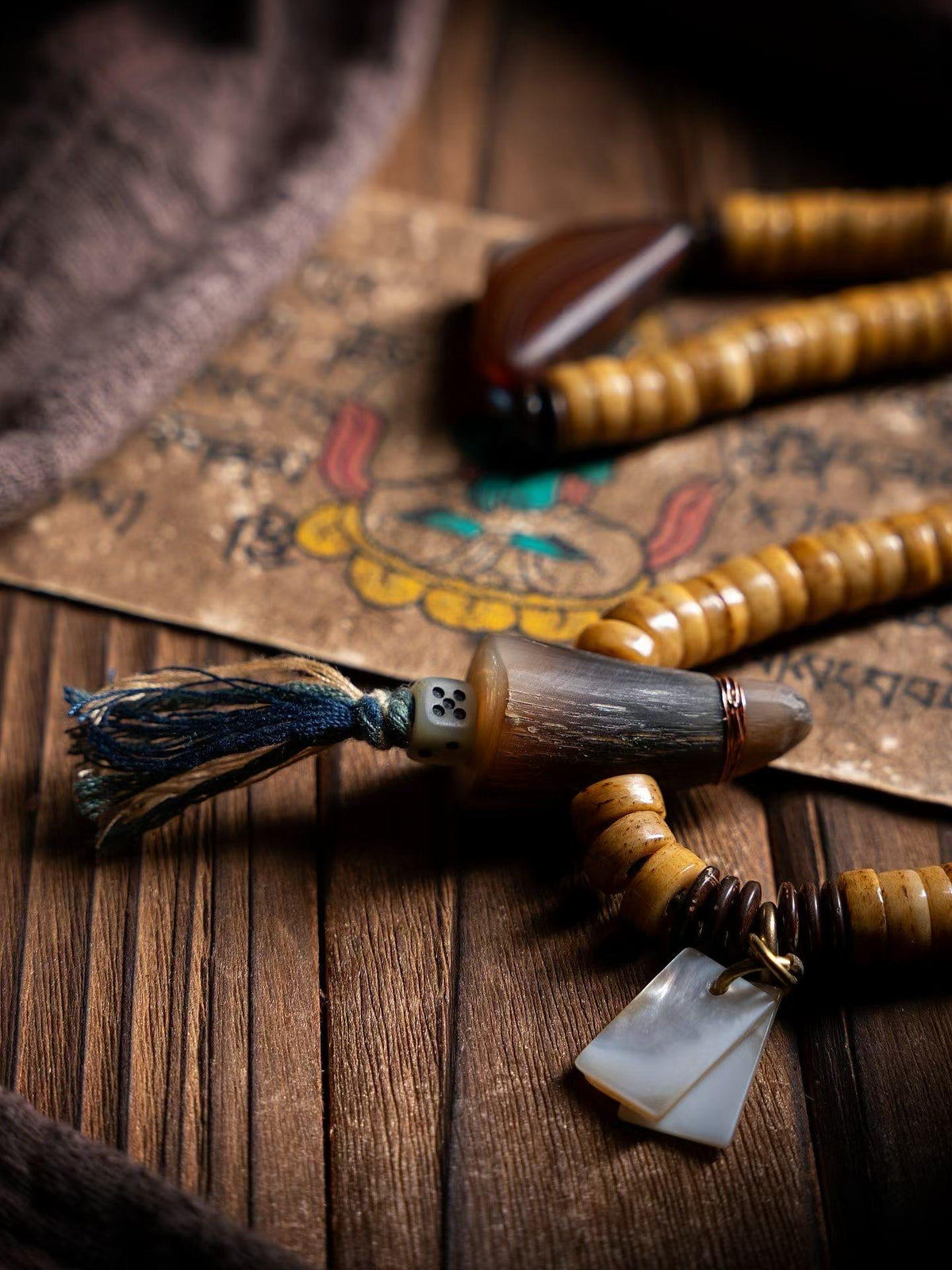 Tibetan Yak Mala Necklace – 108 Beads with Shell, Horn, Agate