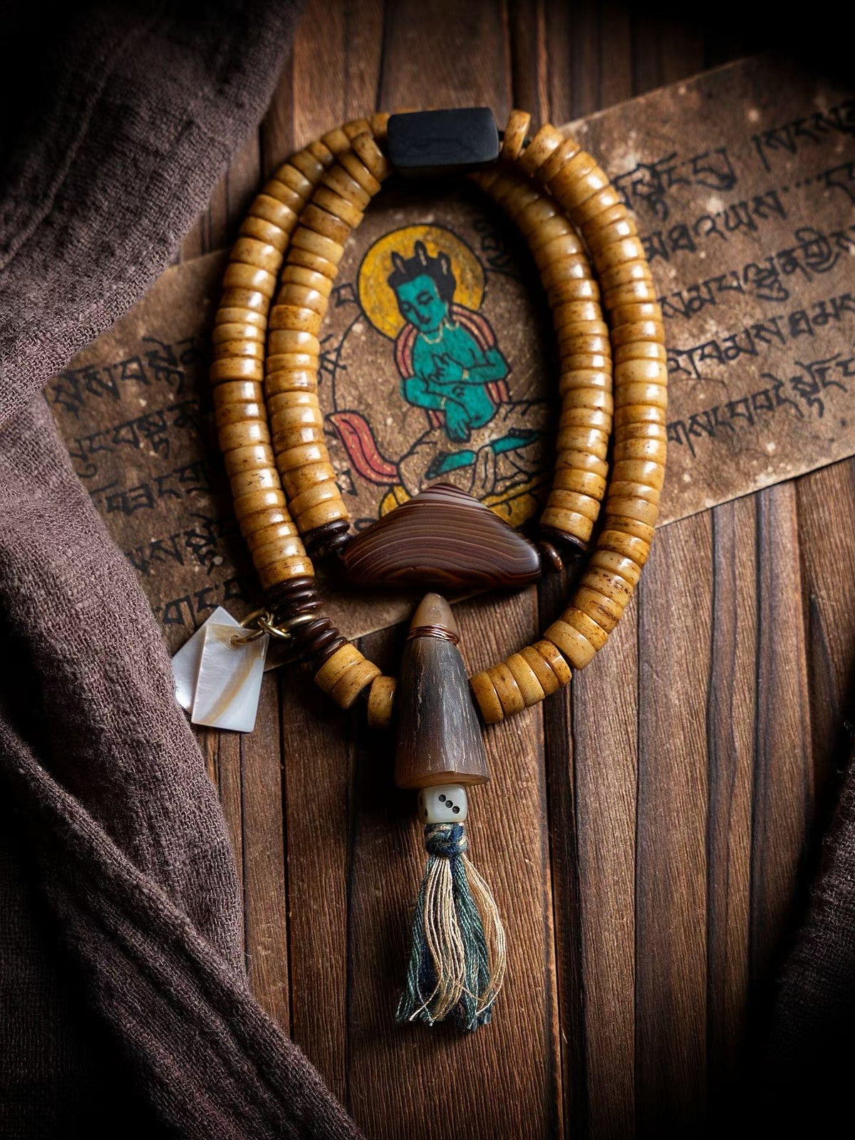 Tibetan Yak Mala Necklace – 108 Beads with Shell, Horn, Agate