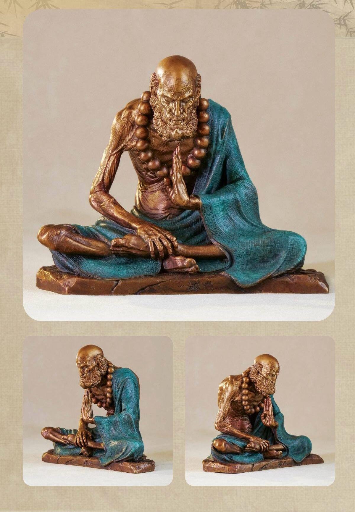 Bronze Meditating Daruma Statue Zen Buddhist Sculpture Office Desk Decor Original Brass Bodhidharma Figurine Spiritual Collectible Gift