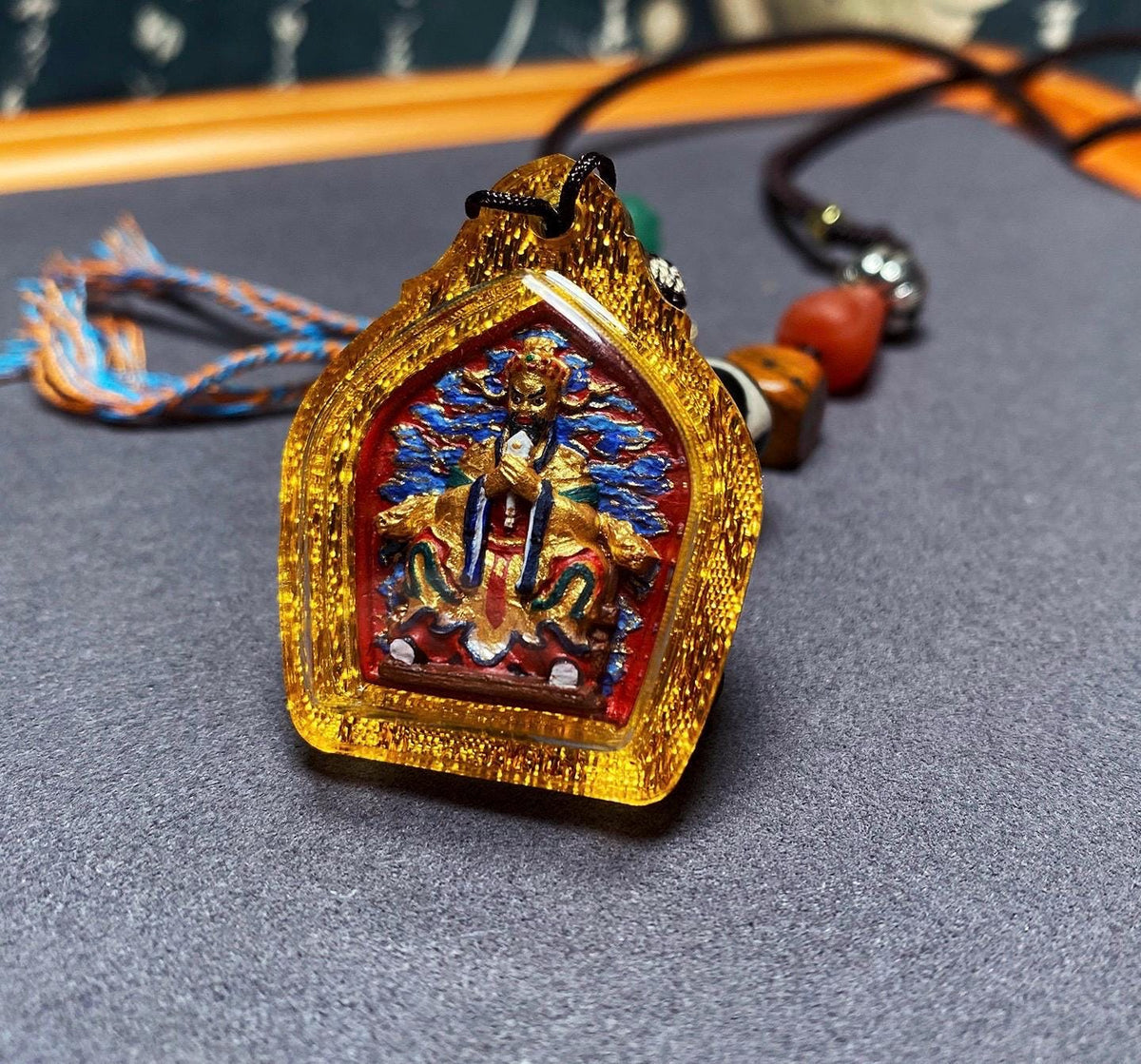 Hand-Painted Fifth Dragon Lord Pendant Tibetan Wealth God Tsa Tsa Amulet Mini Thangka Necklace Mineral Pigments Prosperity Spiritual Gift
