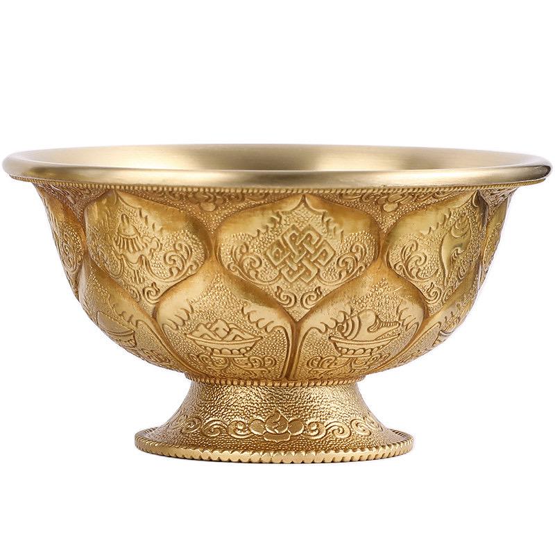 Tibetan Brass Water Offering Bowls 3.15" 3.94", Buddhist Lotus Ritual Cup, Eight Auspicious Symbols Holy Water Cup, Alter Meditation Gift