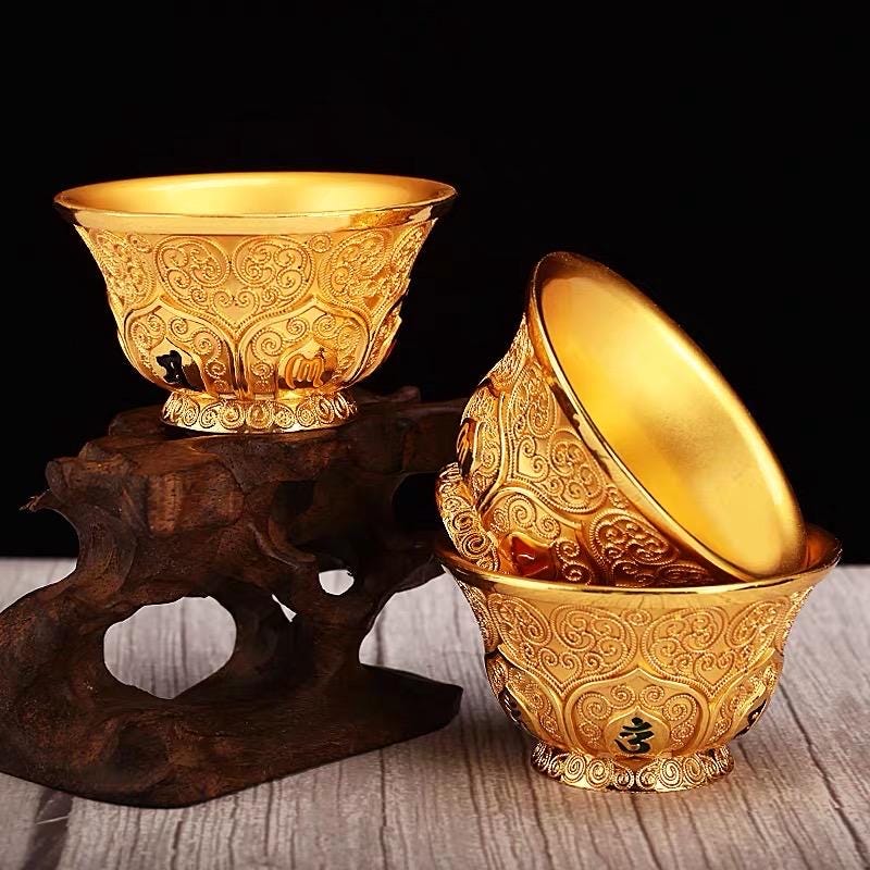 Handcrafted Nepalese Gilded Brass Offering Bowl Tibetan Buddhist Water Cup for Altar Rituals