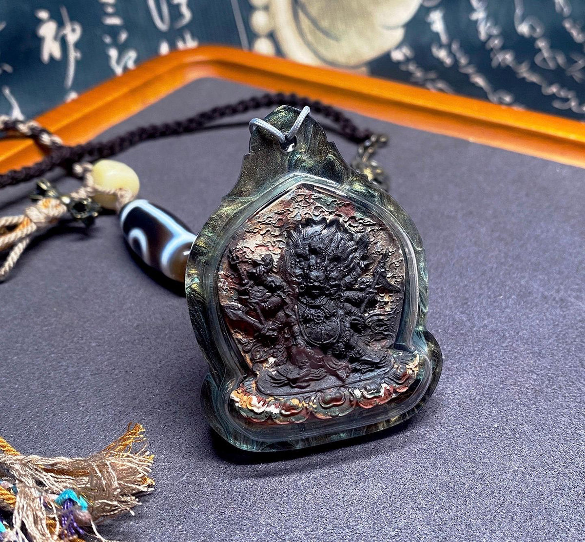 Hayagriva Thangka Pendant, Multi Color Splice Medicine Clay Tsa Tsa Necklace, Tibetan Buddhist Amulet Gau Box, Wrathful Deity Talisman