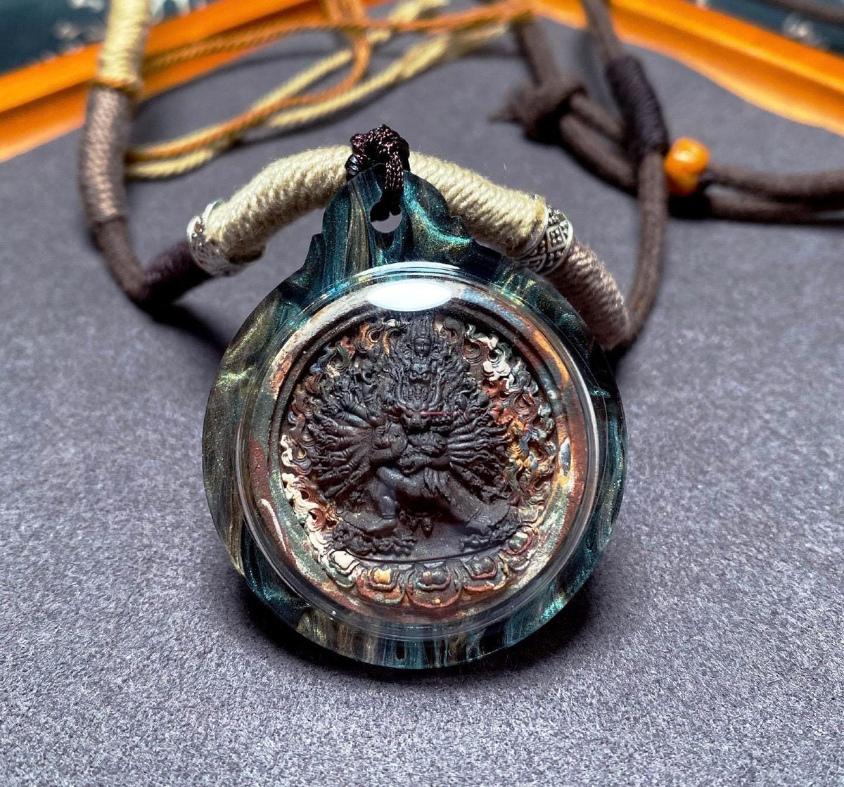 Tibetan Yamantaka Tsatsa Pendant, Multi Color Clay Amulet, Vajrayana Buddhism Gau Box Necklace, Buddhist Art Thangka Medallion Jewelry