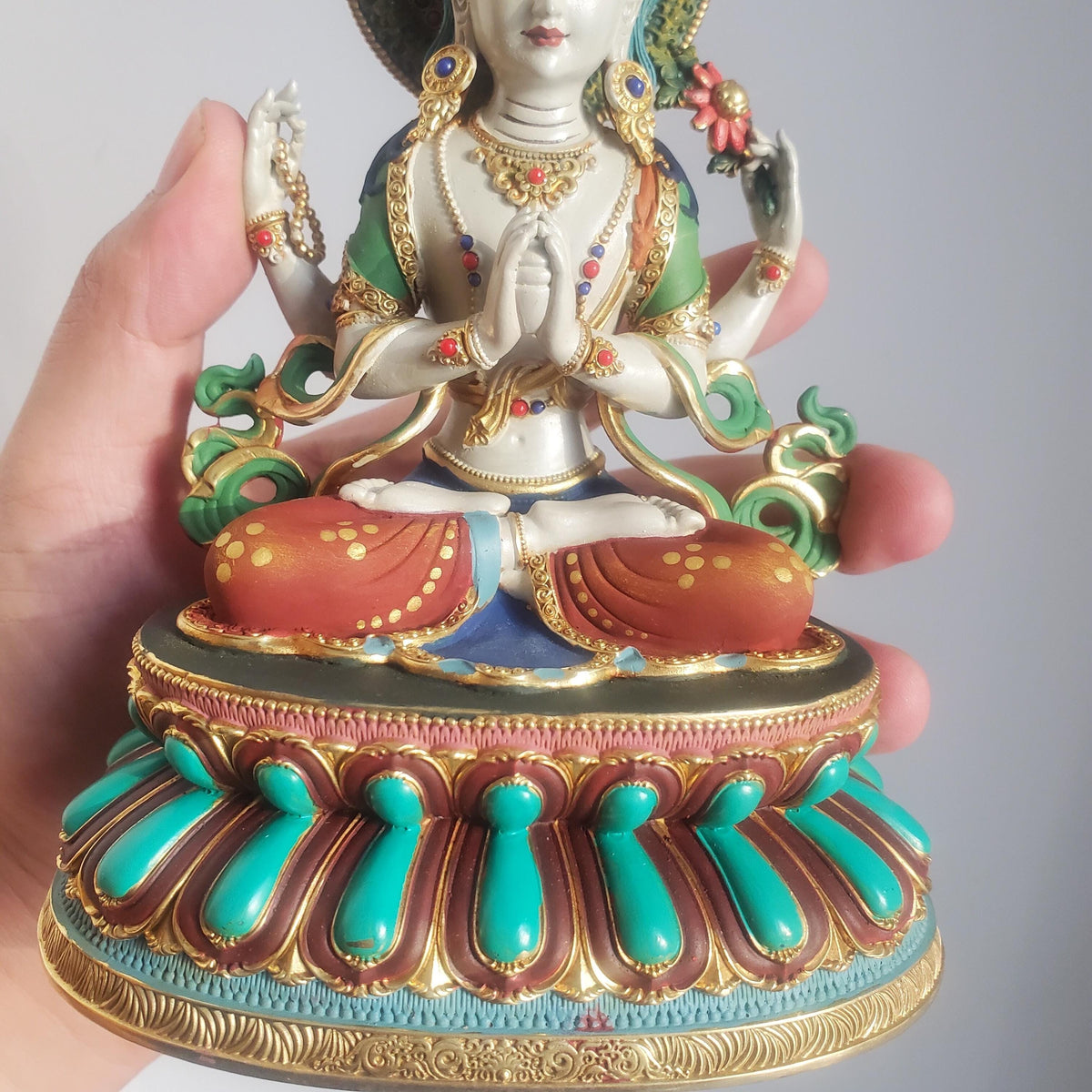 Gilded Copper Four Armed Avalokiteshvara Statue, Nepalese Buddha Figurine, Painted Chenrezig Bodhisattva Deity Altarpiece Home Decor Gift