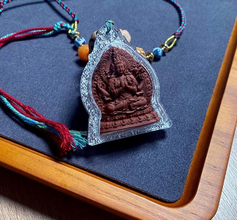 Four-Armed Chenrezig Tsa Tsa Amulet Pendant, Tibetan Gau Box Necklace, Avalokiteshvara Buddha Thangka Pendant, Buddhist Protection Jewelry