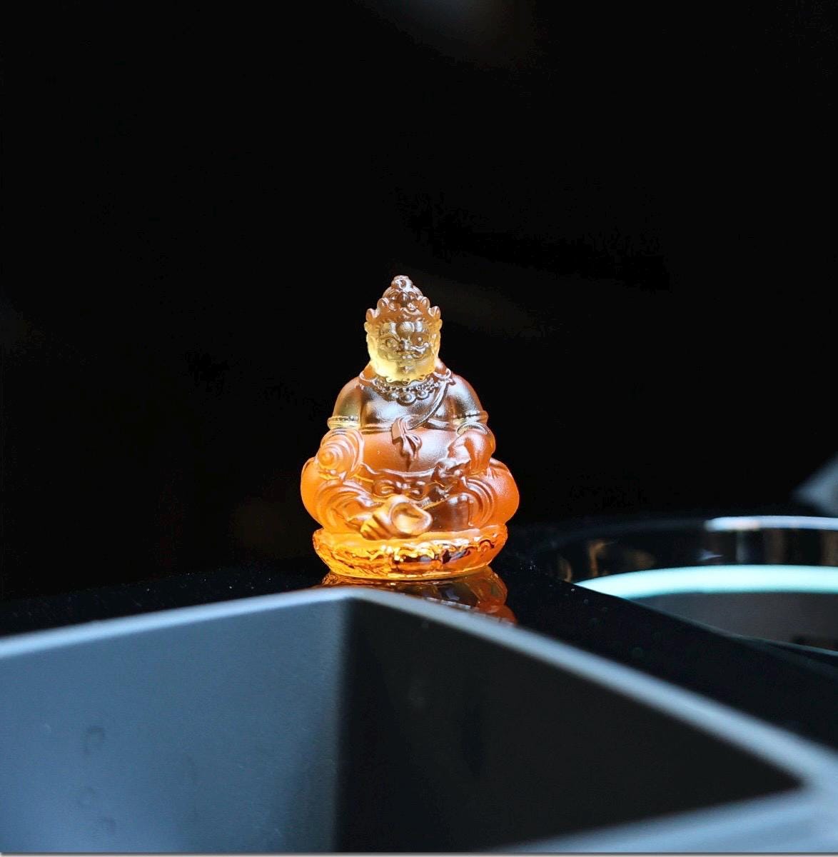 Mini Yellow Dzambhala Statue, 2" Liuli Glass Buddha, Feng Shui Car Dashboard Decor, God of Wealth Office Desk Ornament, Buddhist Gift
