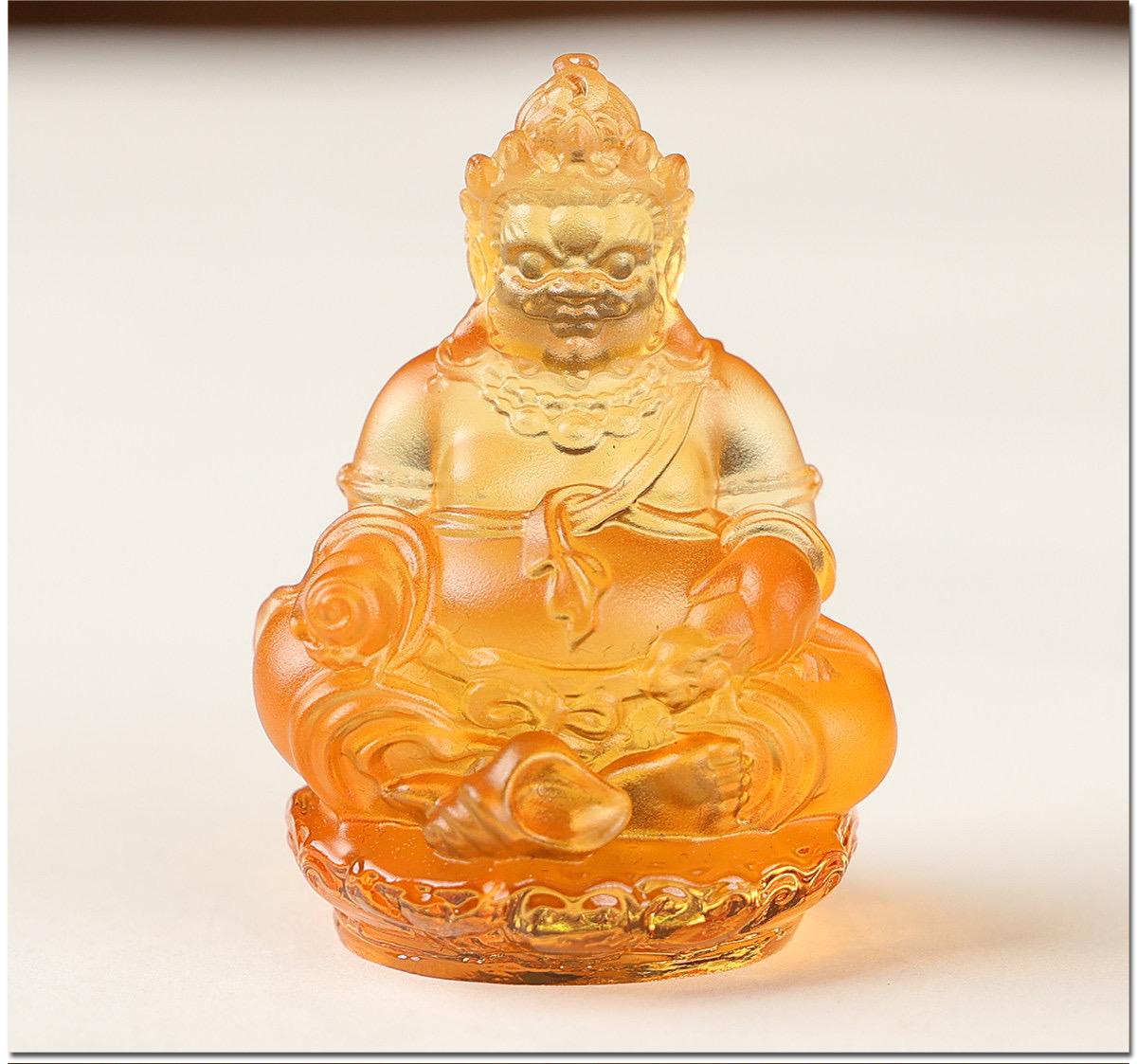 Mini Yellow Dzambhala Statue, 2" Liuli Glass Buddha, Feng Shui Car Dashboard Decor, God of Wealth Office Desk Ornament, Buddhist Gift