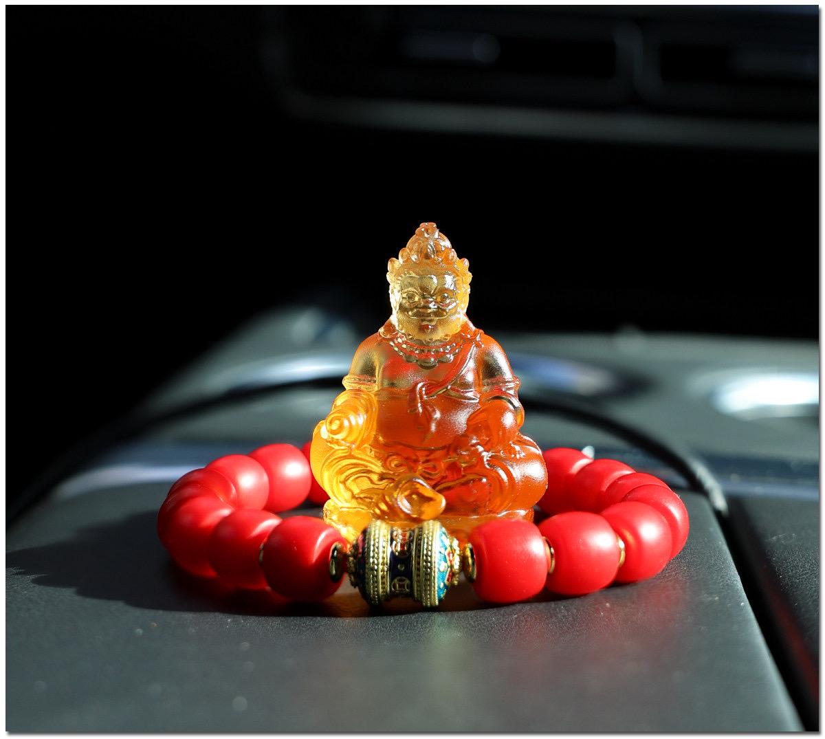 Mini Yellow Dzambhala Statue, 2" Liuli Glass Buddha, Feng Shui Car Dashboard Decor, God of Wealth Office Desk Ornament, Buddhist Gift