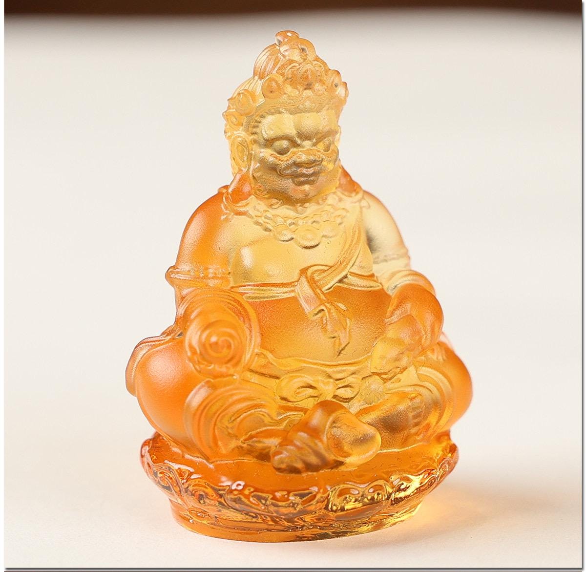 Mini Yellow Dzambhala Statue, 2" Liuli Glass Buddha, Feng Shui Car Dashboard Decor, God of Wealth Office Desk Ornament, Buddhist Gift
