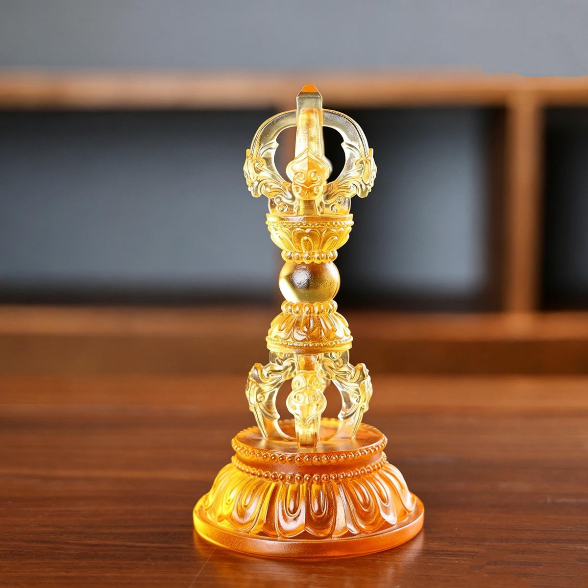 Liuli Vajra Pestle with Lotus Base, Chinese Buddhist Altar Decor, Colored Glaze Dorje Phurba, Feng Shui Meditation Ornament
