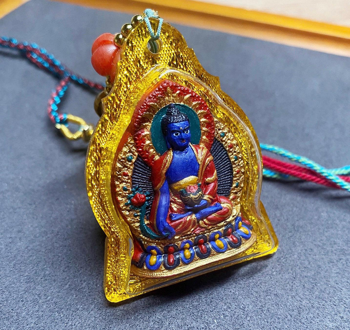 Handpainted Medicine Buddha Thangka Pendant, Mineral Pigment Tibetan Tsa Tsa Necklace, Buddhist Amulet Talisman Meditation Gift