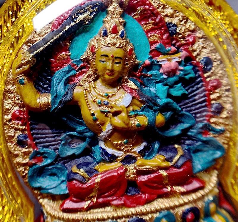 Hand Painted Manjushri Thangka Amulet, Mineral Pigment Tibetan Tsa-Tsa Pendant, Sacred Buddhist Jewelry, Zodiac Protector Talisman