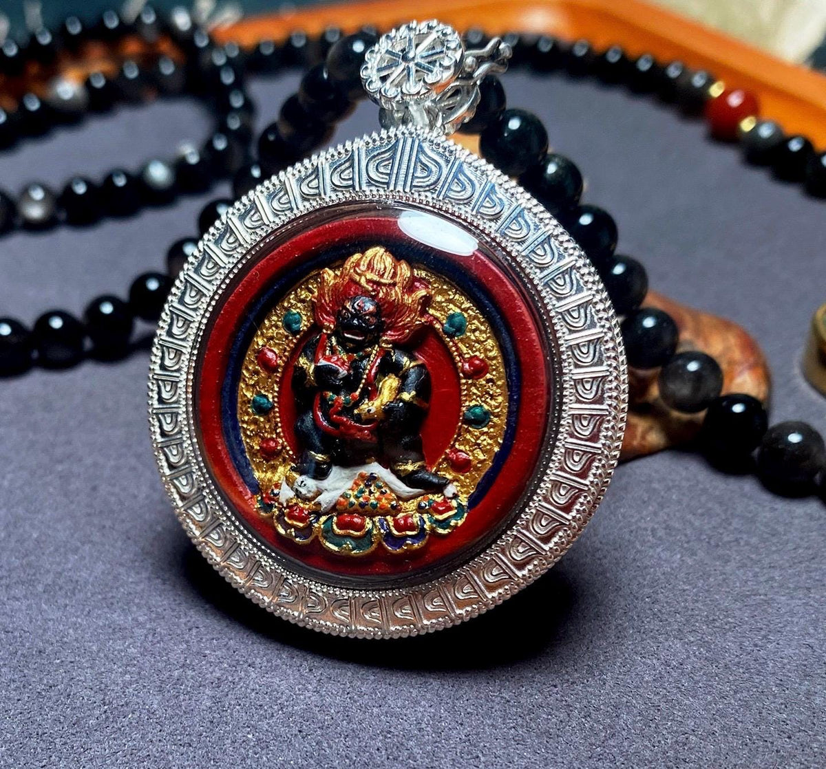 Hand Painted Two Sided Tsa Tsa Pendant Yellow Black Kubera, Genuine Mineral Pigments Buddhist Amulet, Heavy Solid Silver Gau Box Necklace