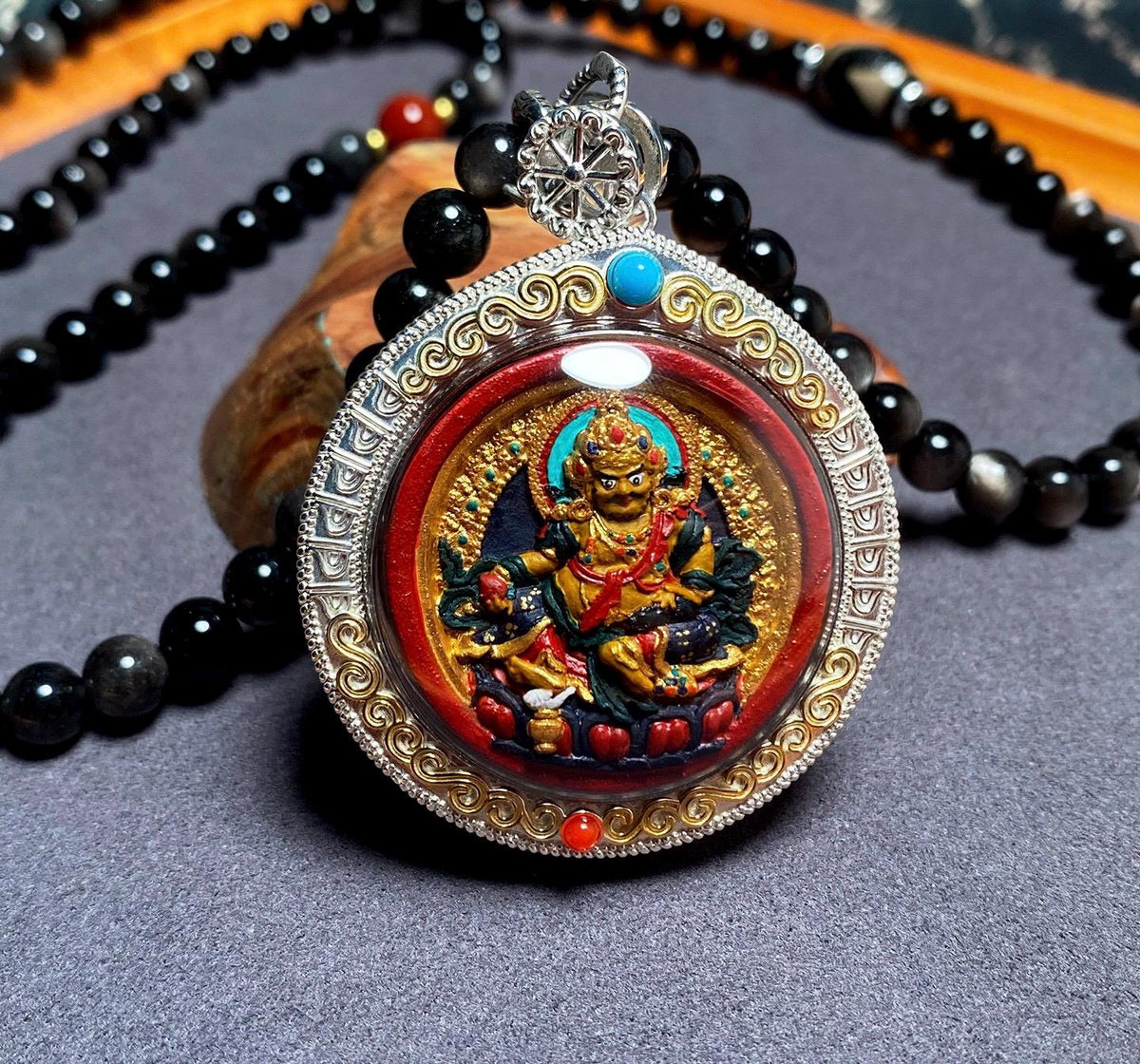 Hand Painted Two Sided Tsa Tsa Pendant Yellow Black Kubera, Genuine Mineral Pigments Buddhist Amulet, Heavy Solid Silver Gau Box Necklace