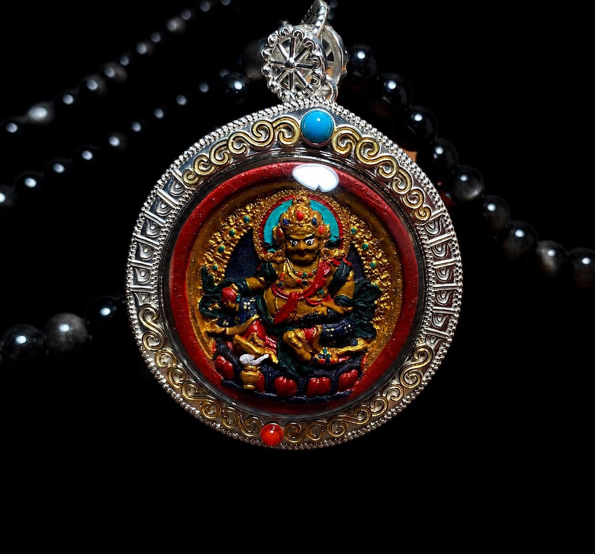 Hand Painted Two Sided Tsa Tsa Pendant Yellow Black Kubera, Genuine Mineral Pigments Buddhist Amulet, Heavy Solid Silver Gau Box Necklace