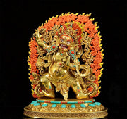 Gilt Brass Vajrapani Statue Wrathful Tibetan Buddhist Deity Mahabala Home Altar Decor Turquoise Inlaid Protection Guardian Bodhisattva