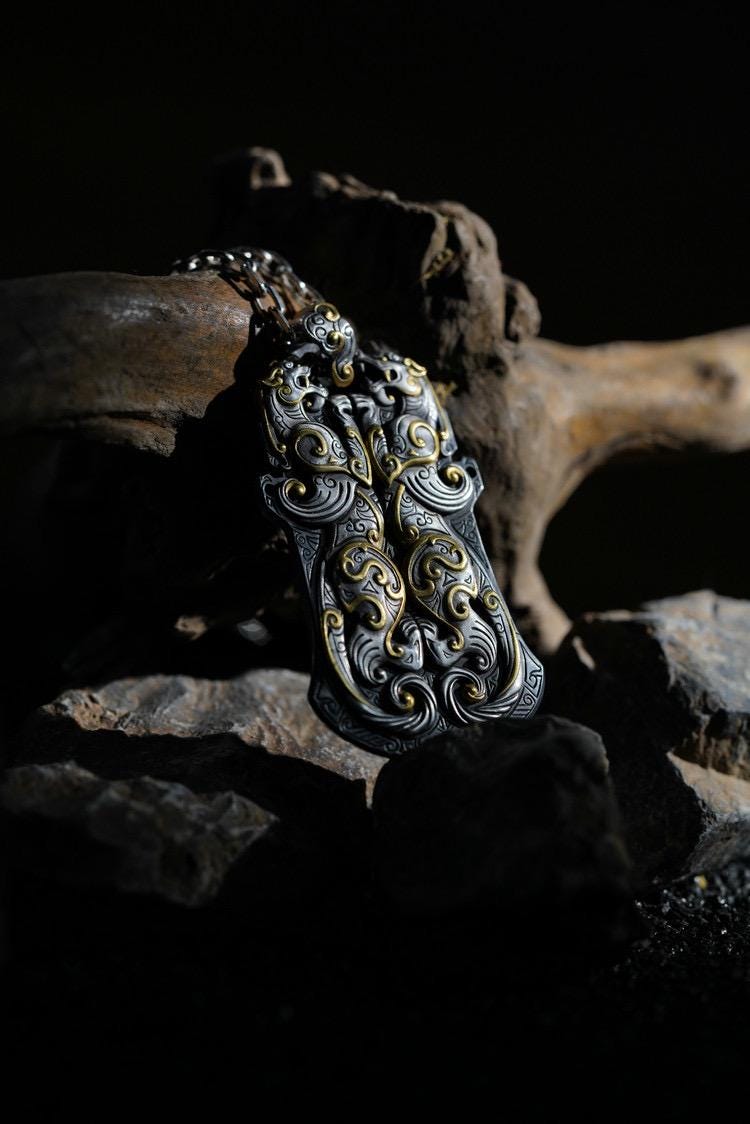 Original Silver Chihu Tiger Pendant, Chinese Mythical Dragon Tag Necklace for Men, Vintage 925 Sterling Silver Amulet, Eastern Totem Jewelry