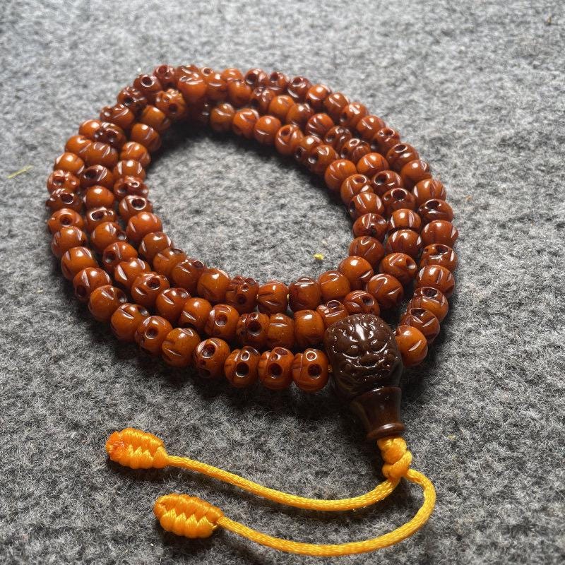 Tibetan Yak Bone Mala Beads 108, 10mm Oily Distressed Bone Bracelet, Carved Skull Charm Prayer Beads, Buddhist Meditation Necklace