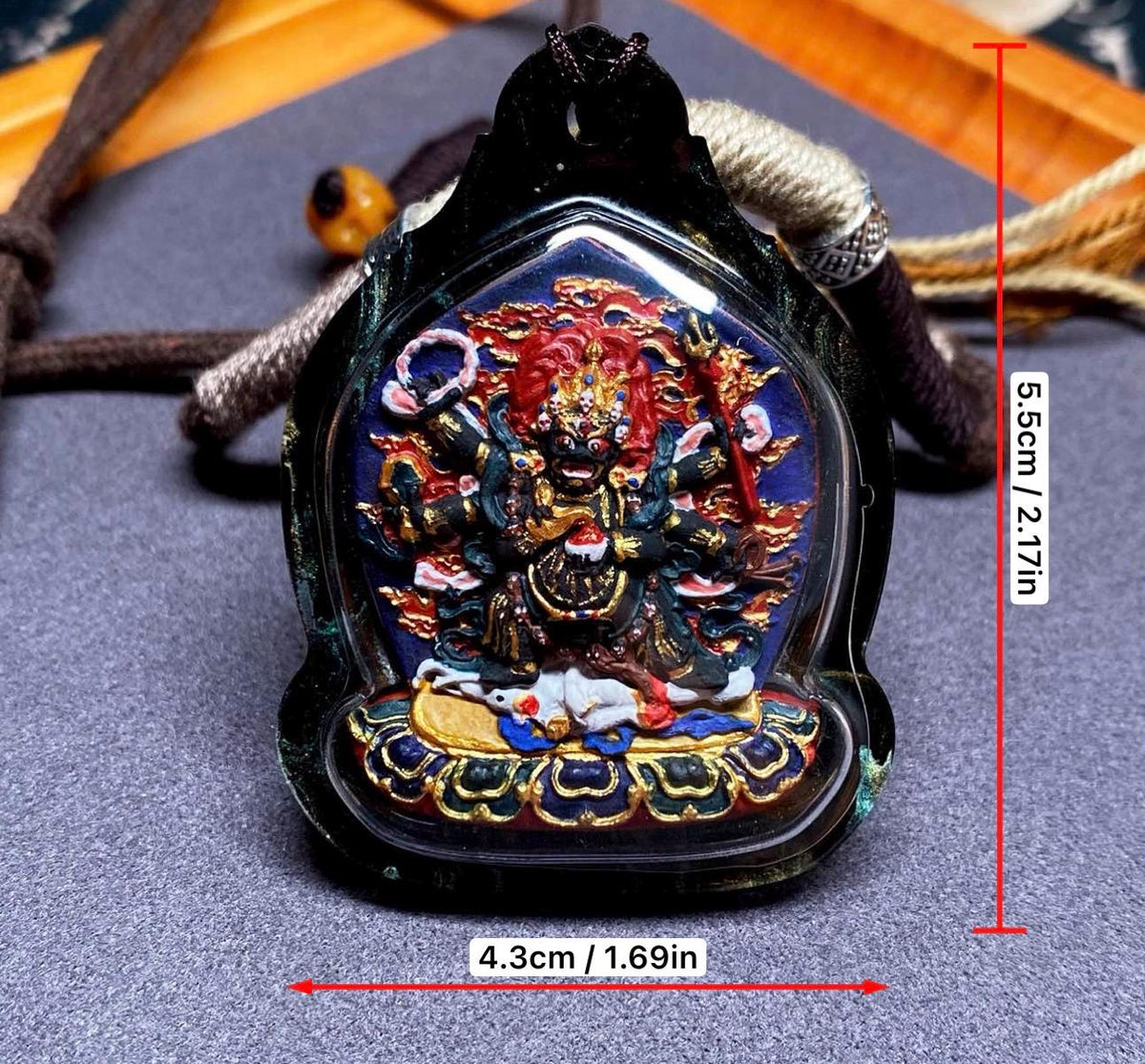 Handpainted Six Armed Mahakala Tsa Tsa Pendant, Mineral Pigment Miniature Thangka, Tibetan Sacred Clay Amulet, Buddhist Protection Necklace