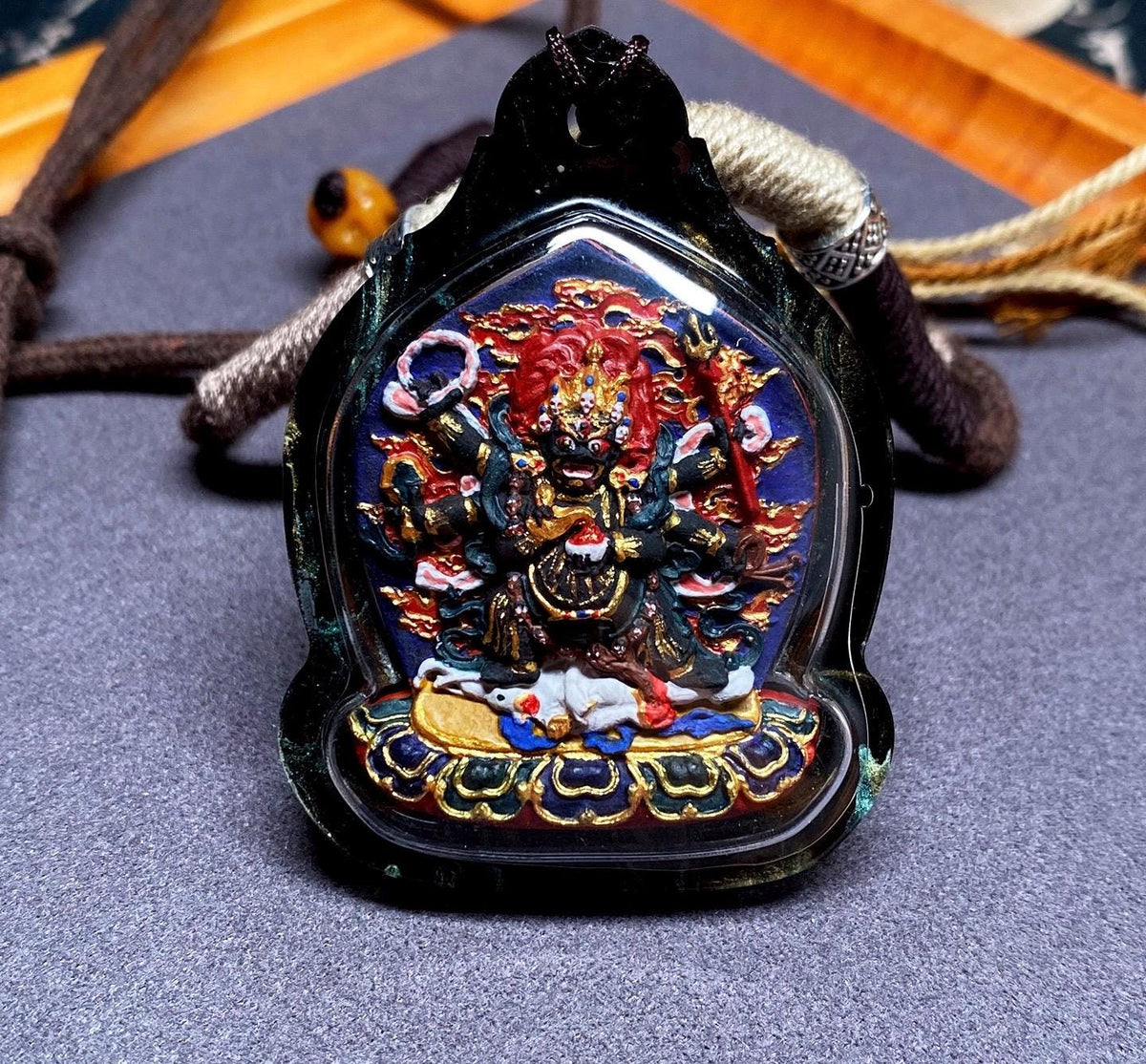 Handpainted Six Armed Mahakala Tsa Tsa Pendant, Mineral Pigment Miniature Thangka, Tibetan Sacred Clay Amulet, Buddhist Protection Necklace
