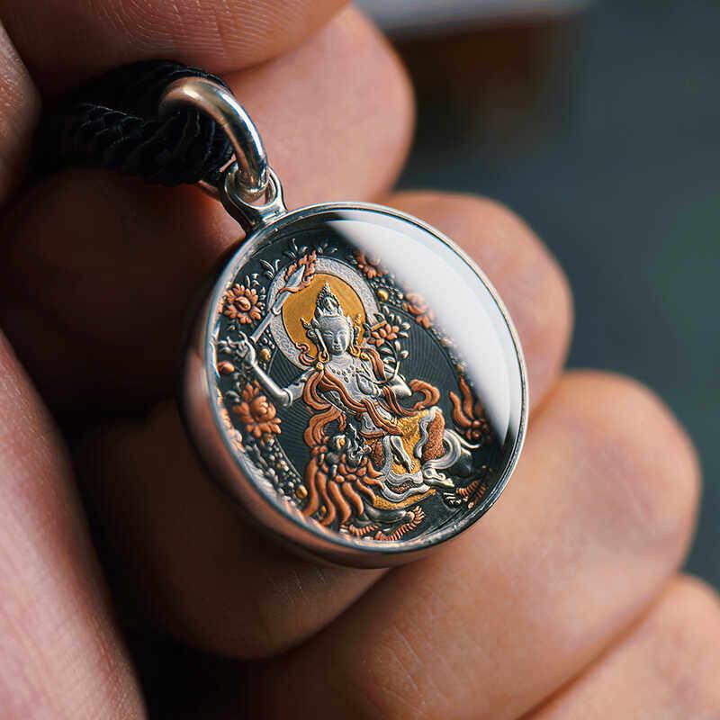 Meteoric Iron Manjushri Thangka Pendant, Intricate Iron Gilt Gold Damascene Necklace, Tibetan Buddhist Heritage Art, Wisdom Amulet Talisman