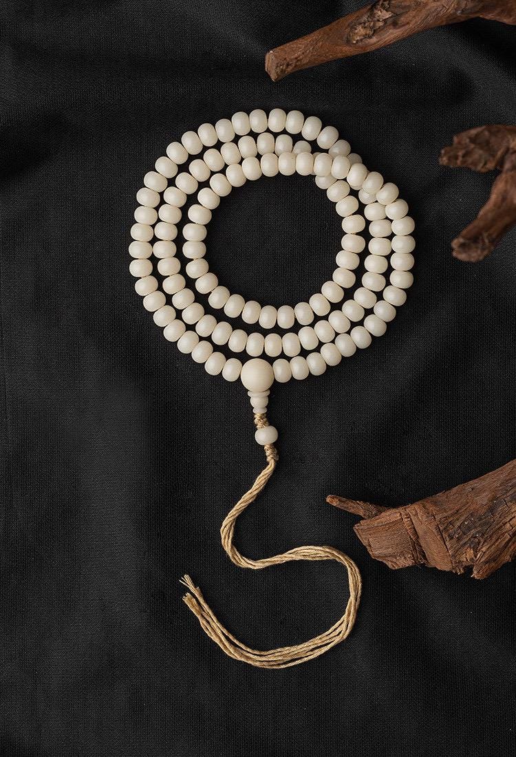 7x9mm White Jade Bodhi Root 108 Mala Beads, Apple Round Bodhi Seed Necklace, Tibetan Buddhist Prayer Beads, Quiet Luxury Layered Bracelet