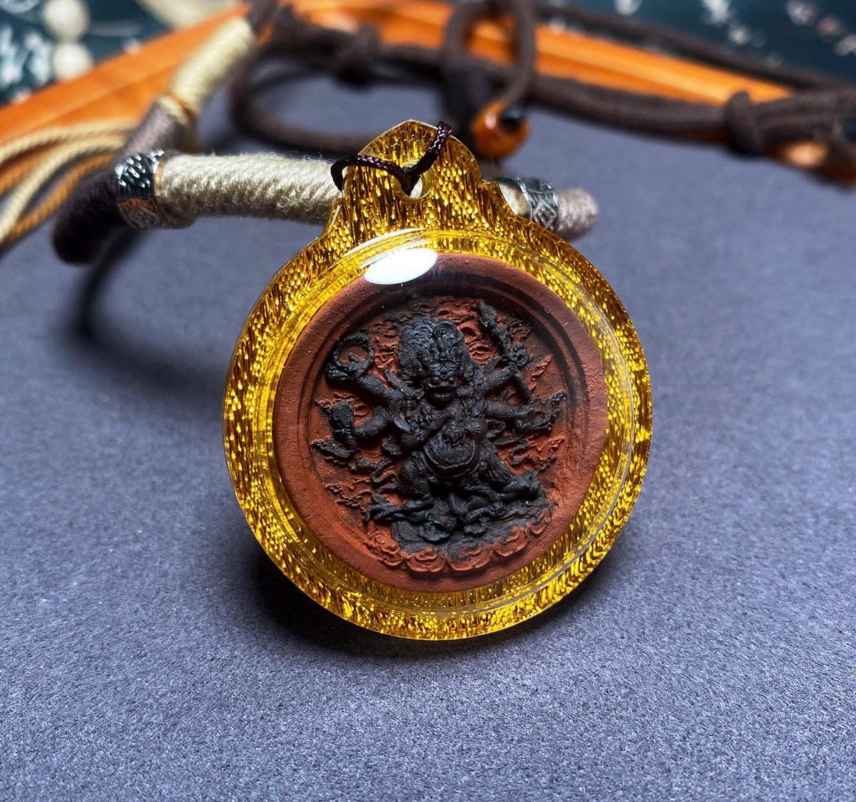 Handpainted Six Armed Mahakala Tsa Tsa, Tibetan Buddhist Protector Amulet, Color Block Medicine Clay Gau Box Pendant, Miniature Thangka Gift
