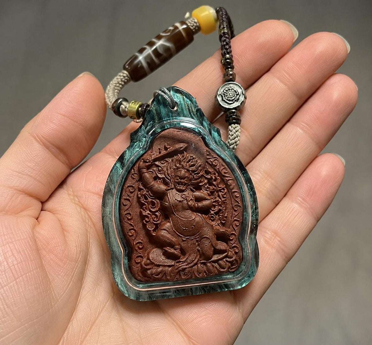 Handpainted Acala Tsa Tsa Pendant, Mineral Pigment Miniature Thangka, Tibetan Sacred Clay Amulet, Buddhist Guardian Protection Necklace