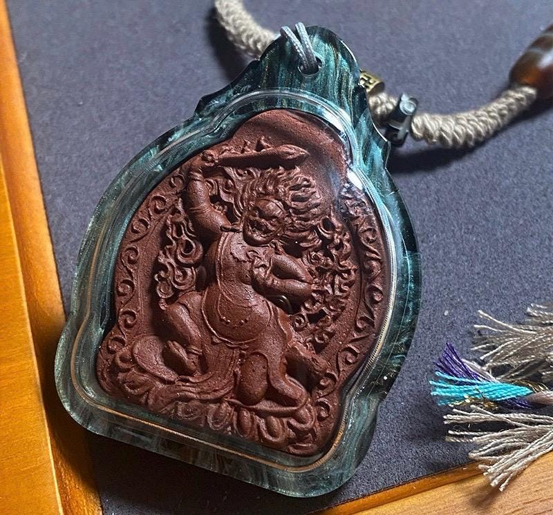 Handpainted Acala Tsa Tsa Pendant, Mineral Pigment Miniature Thangka, Tibetan Sacred Clay Amulet, Buddhist Guardian Protection Necklace