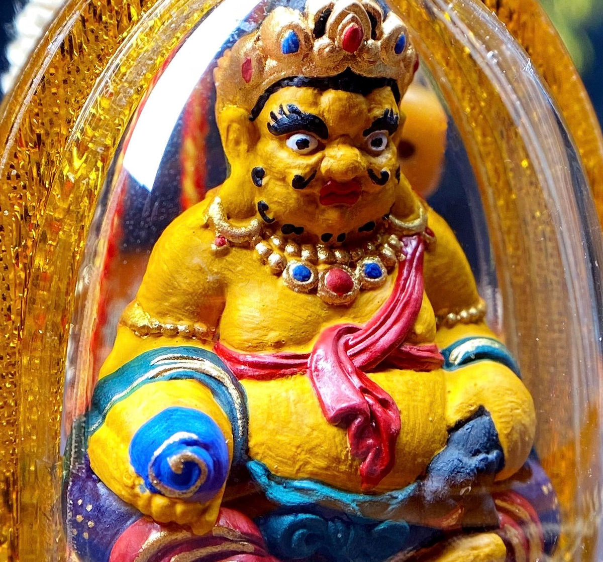 3D Handpainted Yellow Jambhala Tsa Tsa, Tibetan Wealth God Clay Amulet, Mineral Pigment Gau Box Pendant, Miniature Thangka Gift