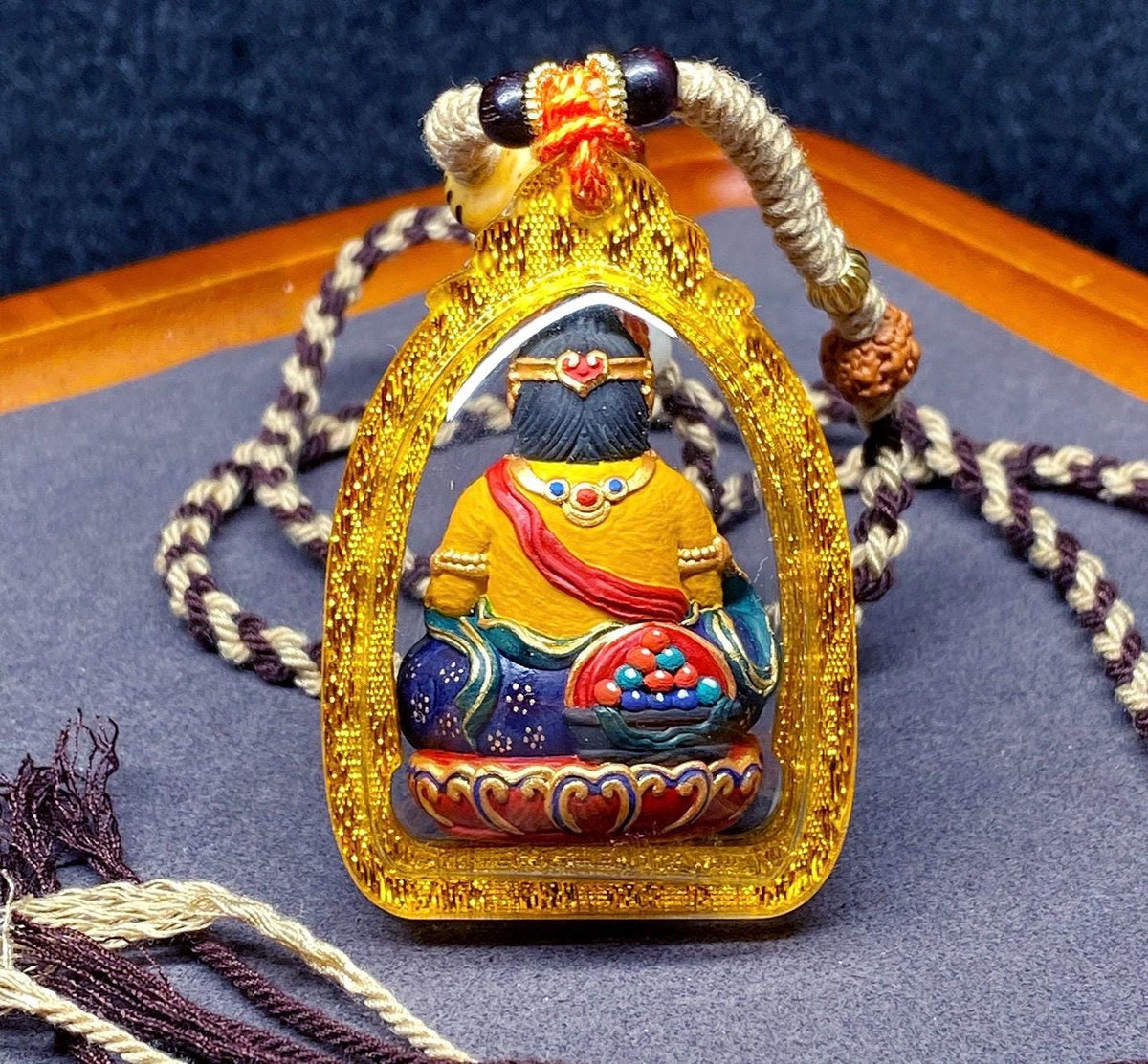 3D Handpainted Yellow Jambhala Tsa Tsa, Tibetan Wealth God Clay Amulet, Mineral Pigment Gau Box Pendant, Miniature Thangka Gift
